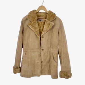 Tan leather Jacket or coat with faux fur collar size XL penny lane trendy style